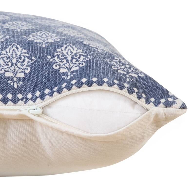 Handwoven Damask Cotton Throw Pillow Cover - 20" - Blue and White
