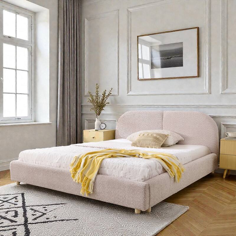 Upholstered Bed Frame with Tall Curved Headboard, Premium Circle Yarn Fabric, Modern Minimalist Platform Bed - Pink - Queen