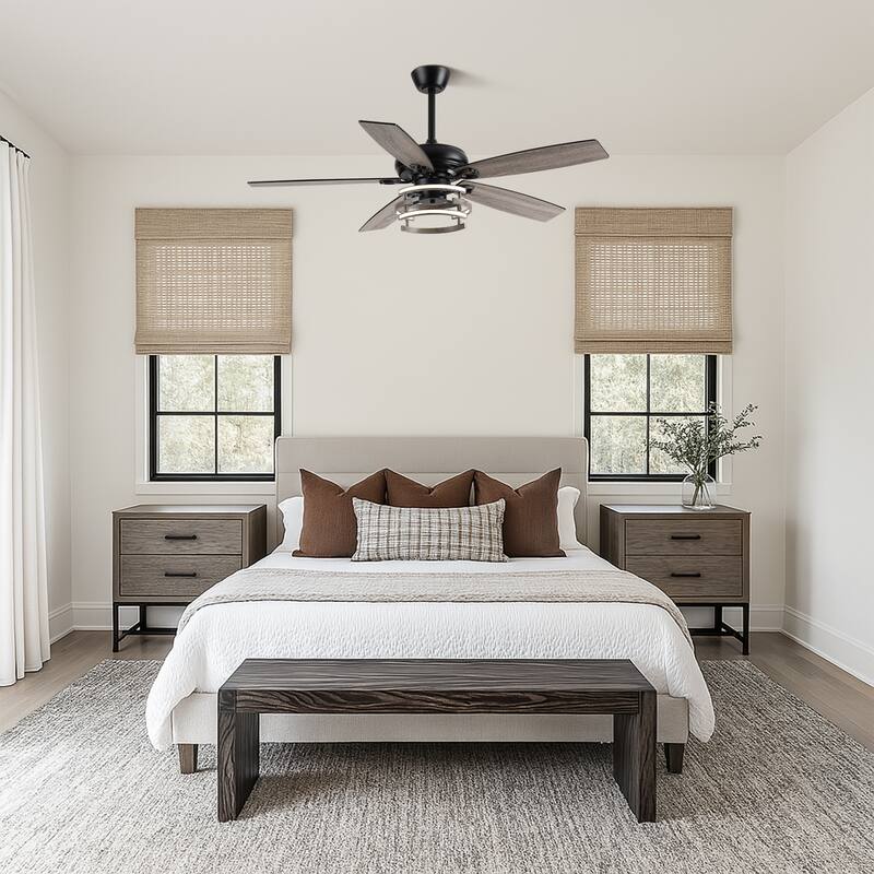 52" Farmhouse Matte Black Reversible Integrated LED Dimmable Reversible Ceiling Fan with Light and Remote