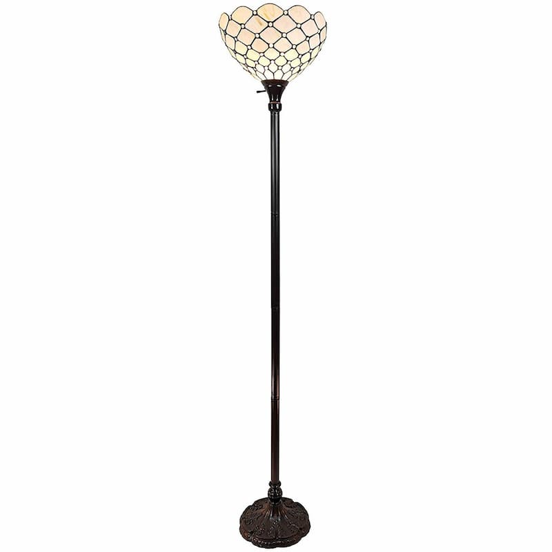 Brown Metal Torchiere Floor Lamp with Stained Glass Bowl Shade - 14" x 14" x 62" (D x W x H) - Brown-White
