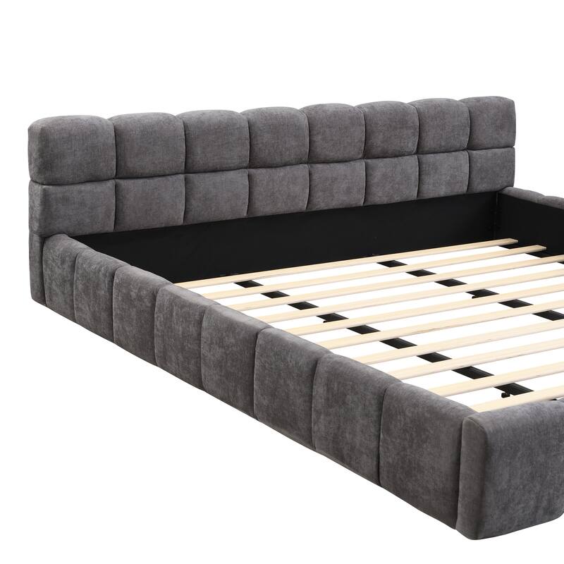 Elegant Chenille Checkerboard Grounding Bed Frame, Upholstered Platform Bed with Wood Slat Support, No Box Spring Needed