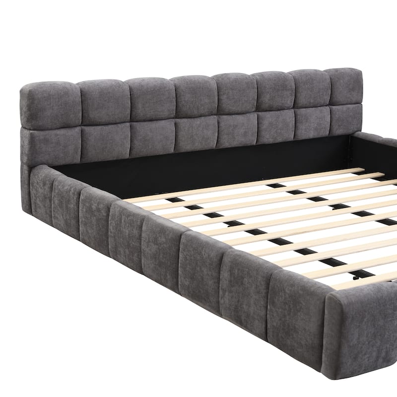 Elegant Chenille Upholstered Bed with Checkerboard Design, King/Queen Size Platform Frame