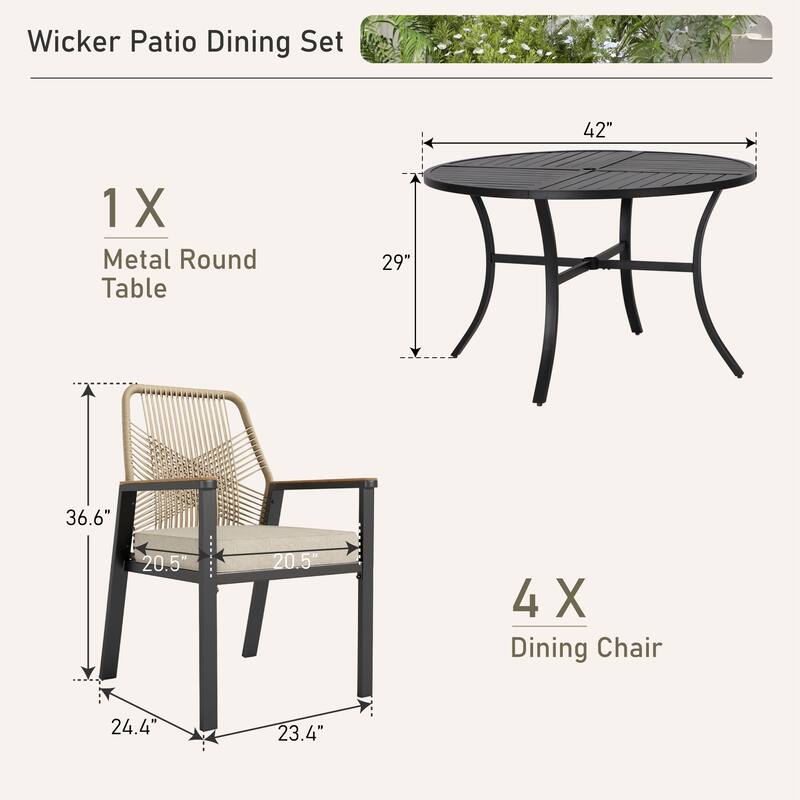 MAISON ARTS 5/7 Pieces Patio Dining Set, Round Table and Woven Rattan Dining Chairs with Cushions, for Patio, Backyard, Poolside
