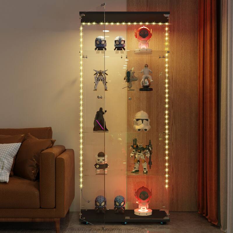 Tempered glass display cabinet, file cabinet, with Bluetooth LED light strip, lock on the door,equipped with cast, easy to move