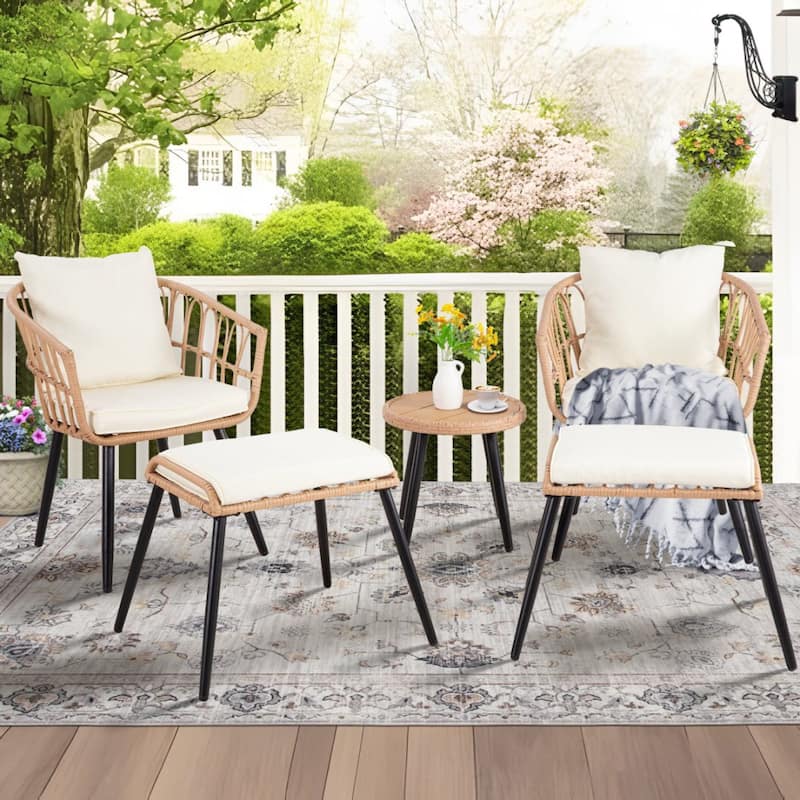 5-PC Wicker Outdoor Sofa Set, 2 Chairs, 2 Ottomans, 1 Table