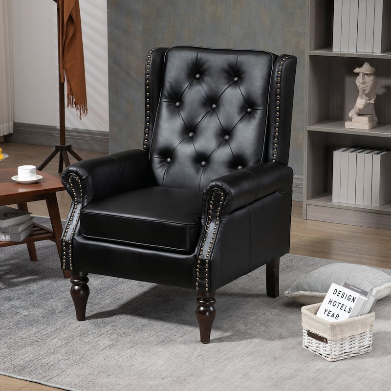 Black PU Modern 29.33" High Back Upholstered Arm Chair with Sturdy Wood Legs and Nailheads for Living Room - Black   PU