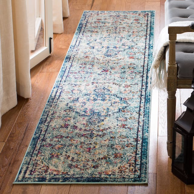 SAFAVIEH Madison Sabire Boho Medallion Distressed Rug - 2'2" x 10' Runner - Navy/Light Blue