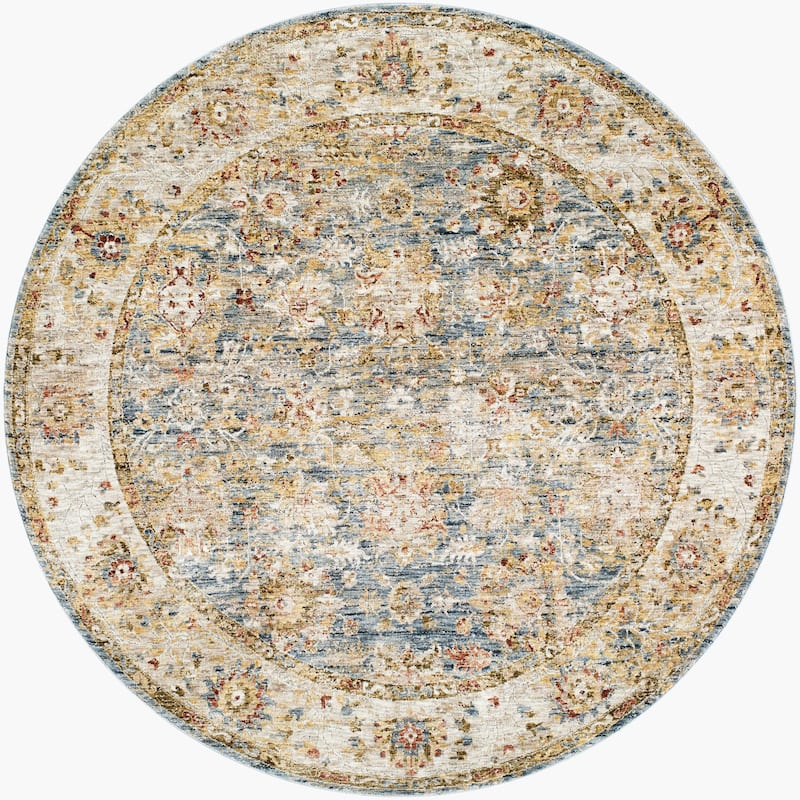 Livabliss Transitional Mona Lisa Medallion Area Rug - 5'3" x 5'3" Round - Tan/Blue
