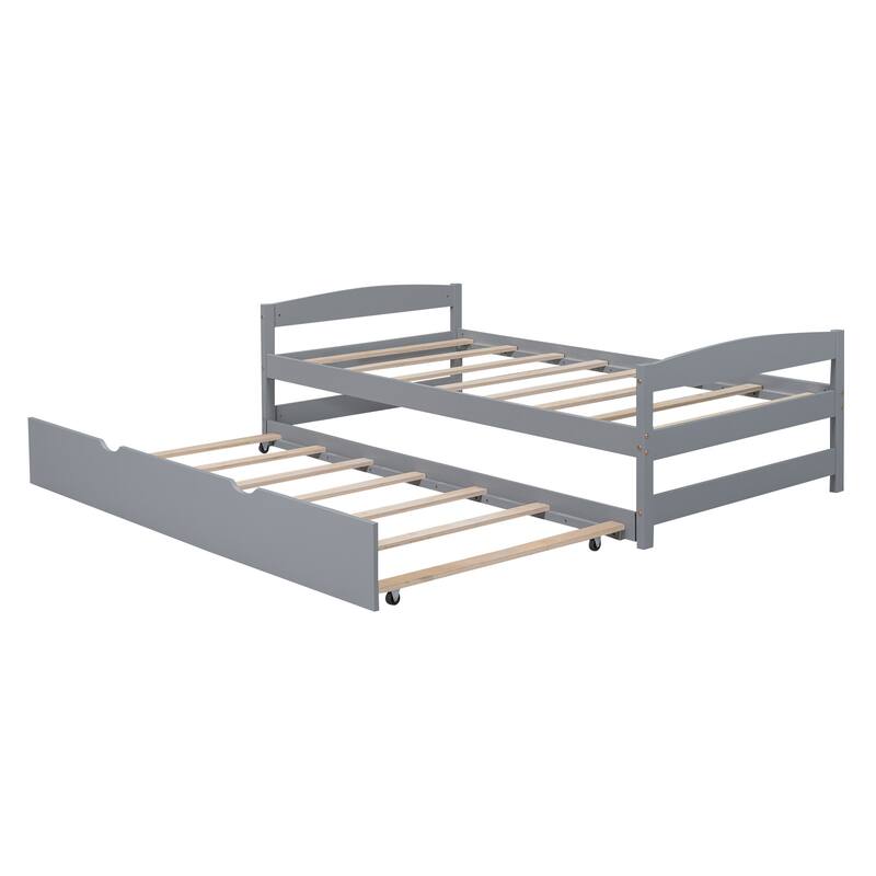 Twin Platform Bed with Twin Trundle - Sturdy Pine Wood Frame, Headboard, Footboard, and Space-Saving Design