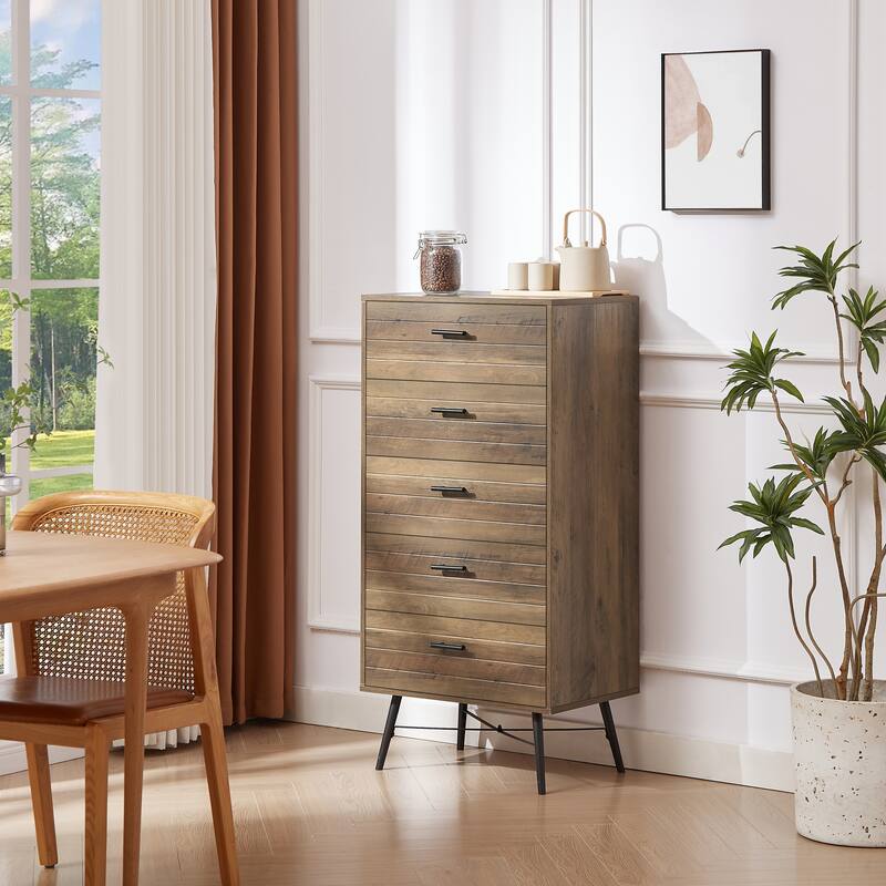 Stylish Spacious Dressing Drawer Storage Wardrobe with 5 Drawers, for Bedroom Hallway, Rustic Walnut