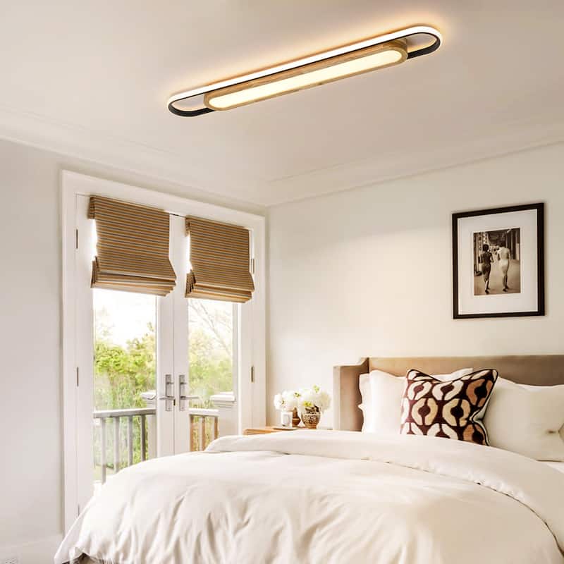 39.3" Modern Black Cylinder Long Strip Wood Integrated LED Flush Mount Light - 39.3 in. W