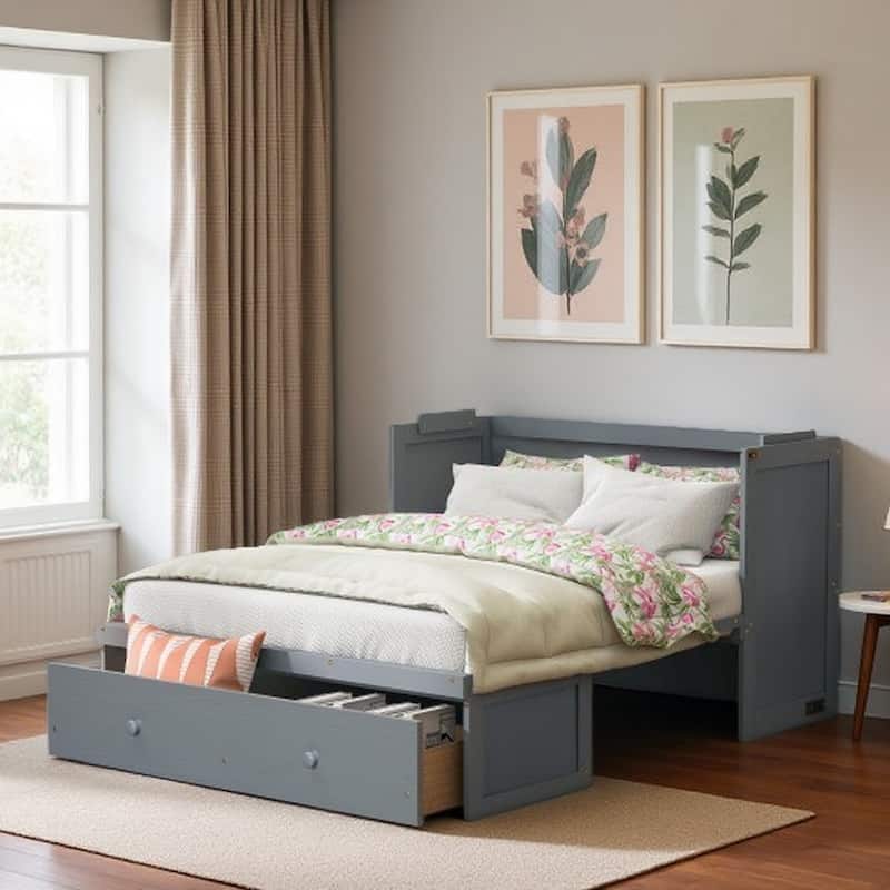 Queen Size Murphy Bed Cabinet with USB Charging Ports and Storage Drawer, Foldable Space-Saving Design with Pine Wood Frame - Gray - Full