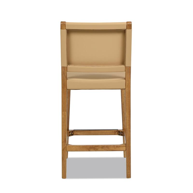 Pierre 26" Farmhouse Saddle Kitchen Island Counter Stool with Back, Sunkissed Beige Leather & Natural Wood