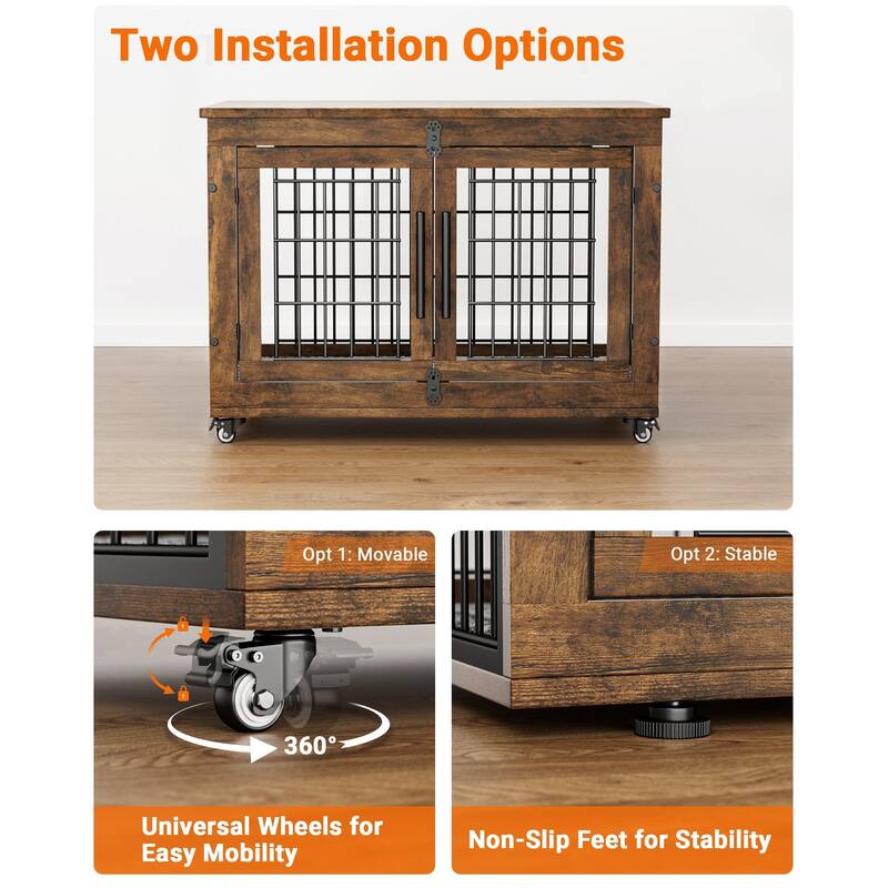 Dog Crate Furniture with Cushion Double Doors Wooden Dog Kennel