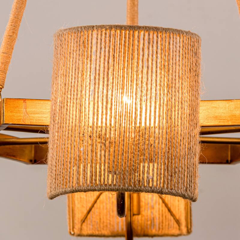 6-Light Bohemian Natural Jute Rope Woven Chandelier Pendent Ceiling Light