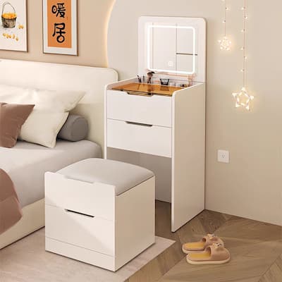 White 3-in-1 Dressing Table Set with Flip LED Mirror Storage Drawers and Stool for Bedroom - N/A
