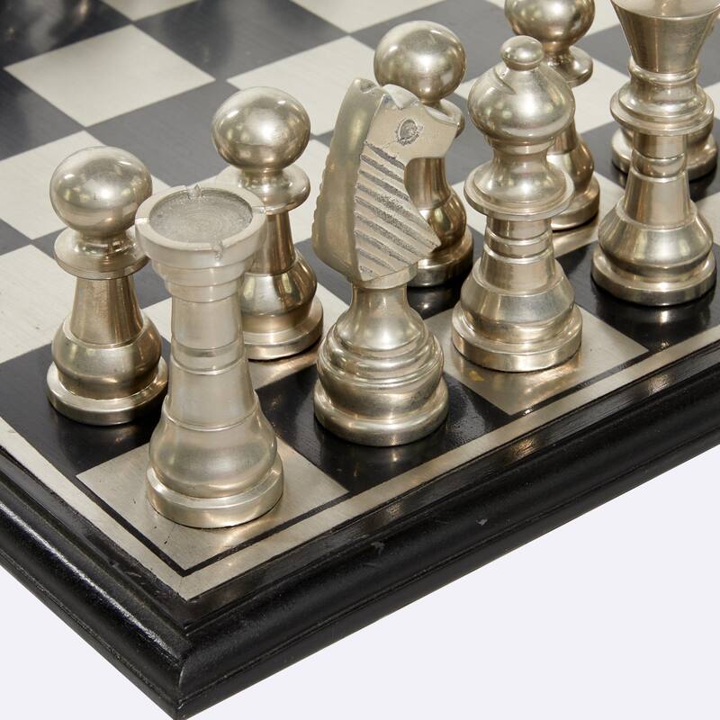 Aluminum Metal Chess Game Set with Black and Silver Pieces - Silver - Roche River Decor
