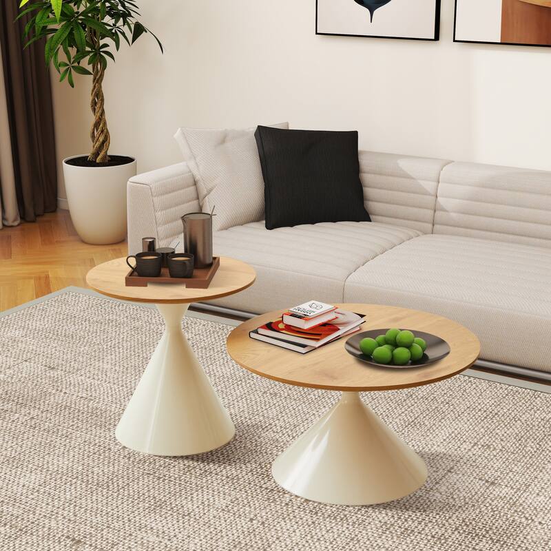 2 Piece Round Coffee Table Set End Tables - MDF