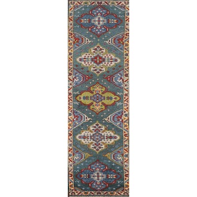 Green Geometric Kazak Oriental Runner Rug Hand-Knotted Wool Carpet - 2'6"x 9'10"