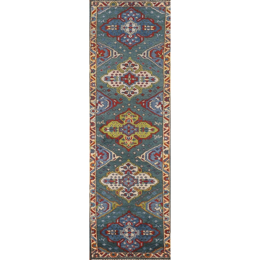 Green Geometric Kazak Oriental Runner Rug Hand-Knotted Wool Carpet - 2'6"x 9'10"