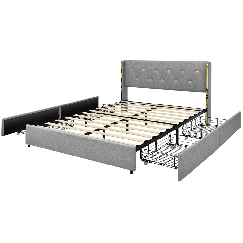 Queen Bed Frame Mattress Foundation with 4 Storage Drawers Silver