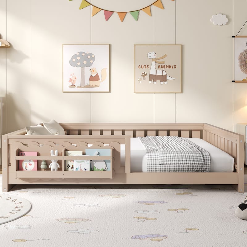 Kid Wood Platform Storage Bed Montessori Toddler Floor Bed Children Daybed with Guardrail and Side Creativity Storage Shelves