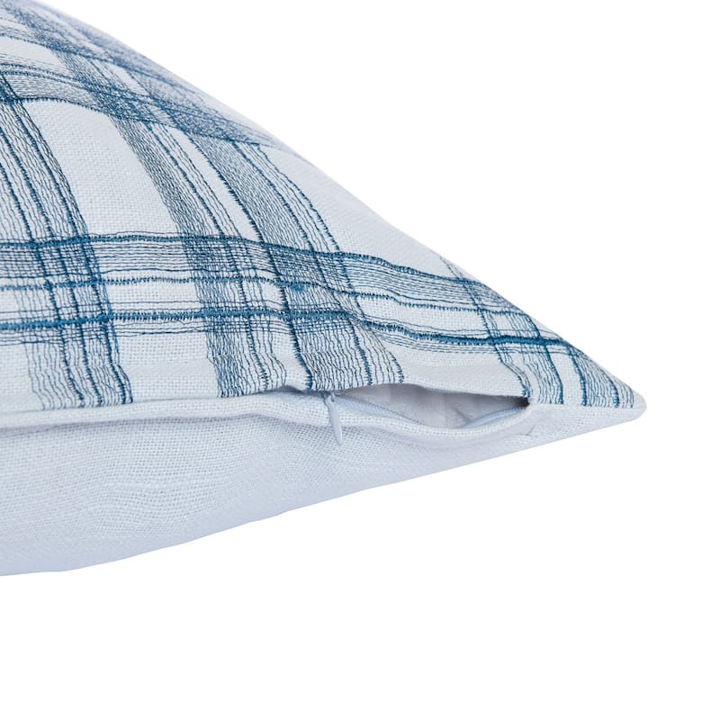 HomeRoots 24" Blue Check Cotton Blend Throw Pillow With Embroidery