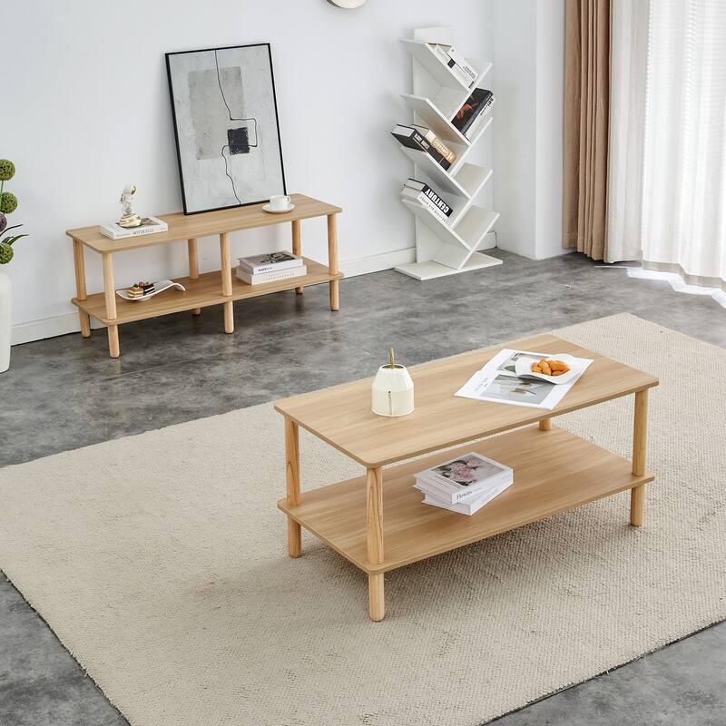 Modern 2-Tier Coffee Table Rectangular Center Table with Open Storage Shelf