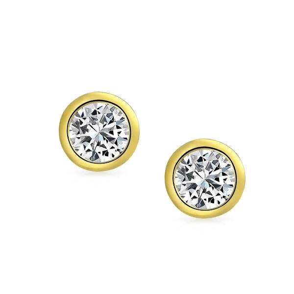Essentials Gold or Rhodium Plated Sterling Silver AAA Cubic Zirconia Bezel Stud Earrings