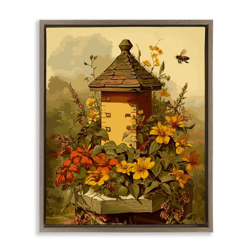 Stupell Bees & Floral Architecture Framed Floater Canvas Wall Art Design by Lil' Rue - 17 x 21 - Brown
