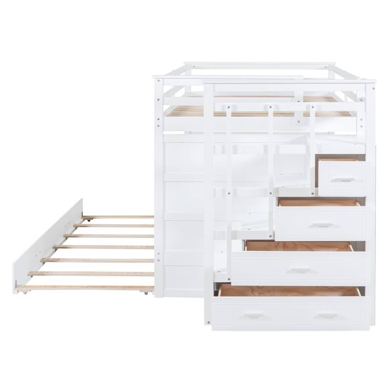 Full Over Full Bunk Bed with Twin Trundle and Staircase, White