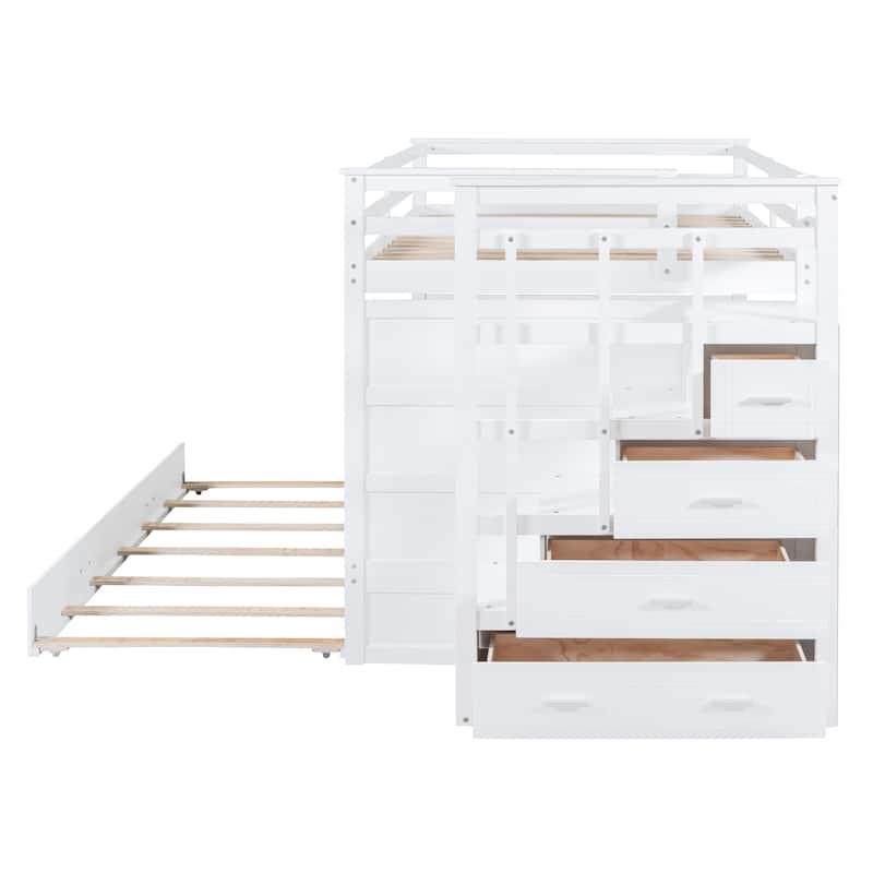 Twin/Full Size Bunk Bed with Trundle Bed and Storage Staircase, Solid Pinewood Bunk Bed Frame with Safety Guardrail