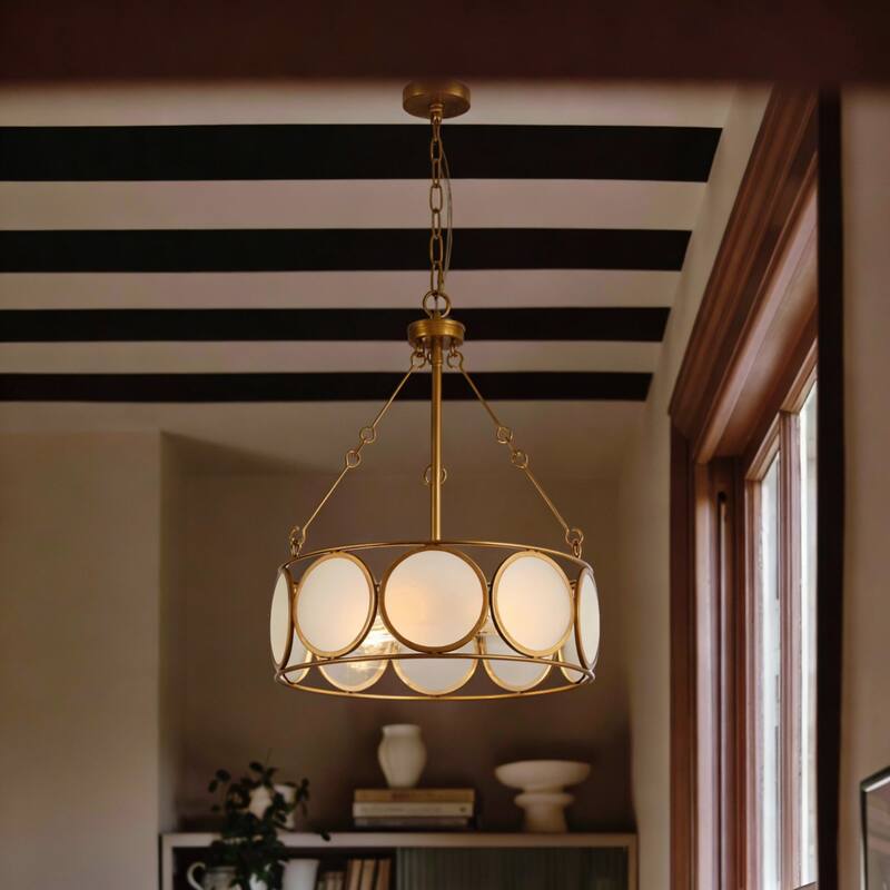 Modern Farmhouse 3-Light Antiqued Gold Drum Chandelier Glass Pendant Lights for Dining Room - 16.5" D x 19.5" H