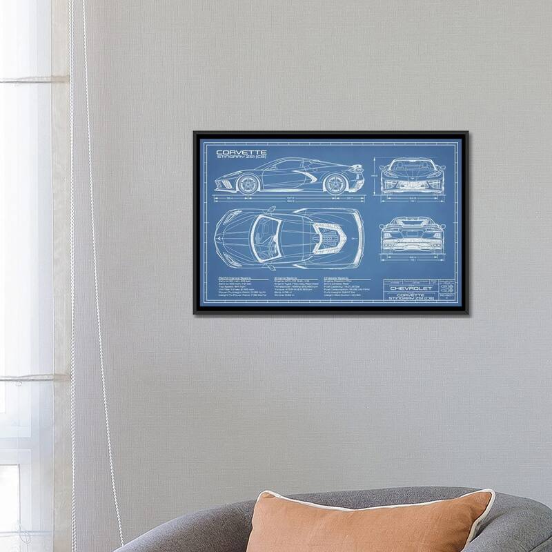 iCanvas "Corvette (C8) Stingray Blueprint" by Action Blueprints Framed Canvas Print