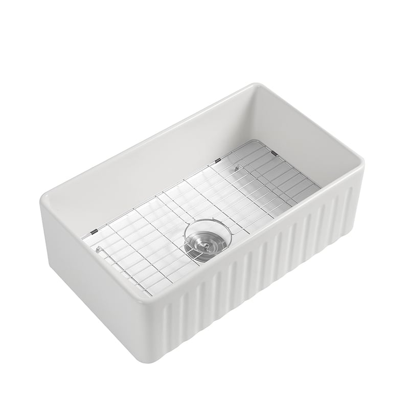 DORNBERG Fireclay 33" L X 20" W Farmhouse Kitchen Sink with Grid and Strainer