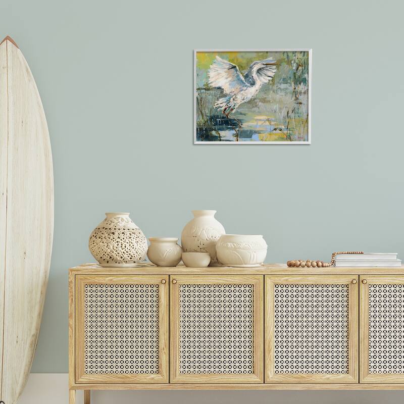 Stupell Radiant Crane at Pond Framed Giclee Art Design By Dusza