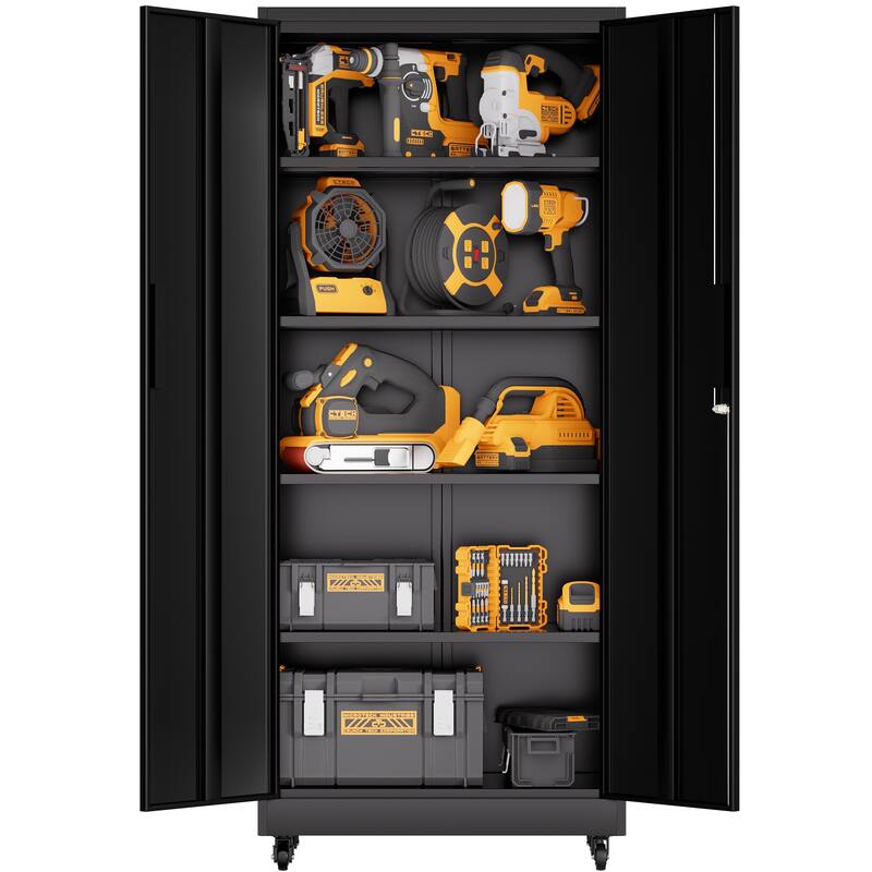 71"H Metal Garage Storage Cabinet with Wheels and Lock, 4 Adjustable Shelves (180lb Each), 3-Point Locking Security