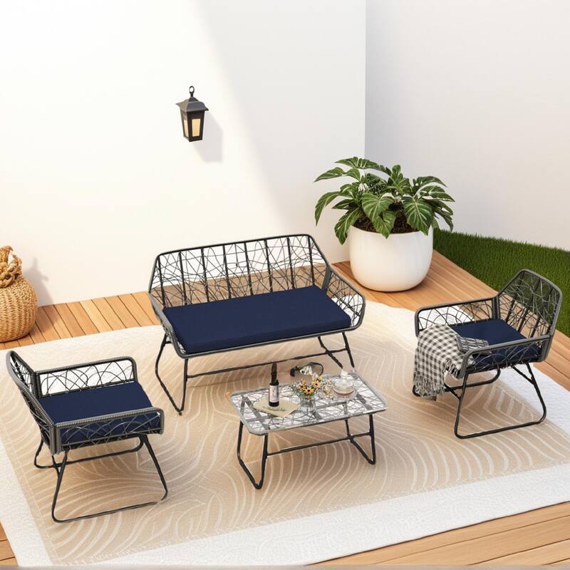 4-Piece Outdoor Rattan Sofa Set with Glass Table & Waterproof Cushions - Blue