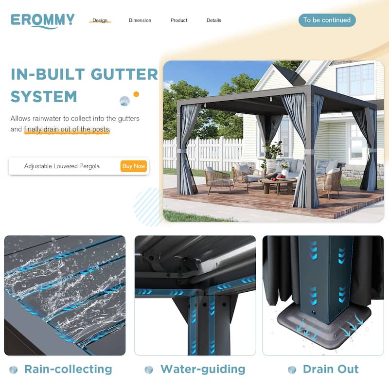 Outdoor Louvered Pergola, Outdoor Patio Hardtop Gazebo, Adjustable Metal Roof Curtains and Netting Included