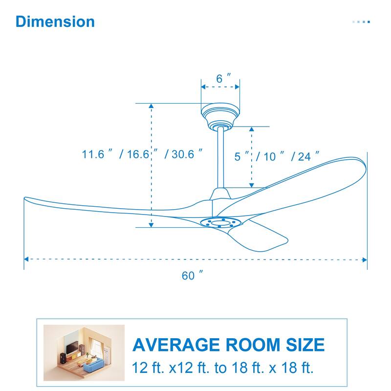 52''/60" Large Ceiling Fan without Lights, Remote Control and Reversible Motor Included, 3 Wood Blades