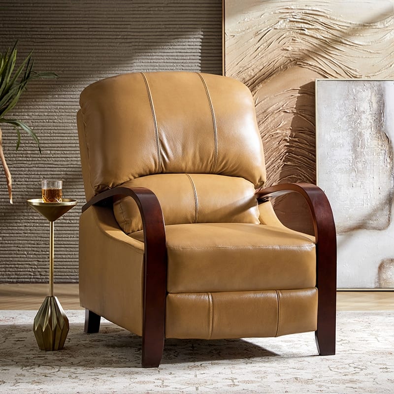 Alex Mid-century Modern Genuine Leather Manual Recliner with Wooden Curved Arms