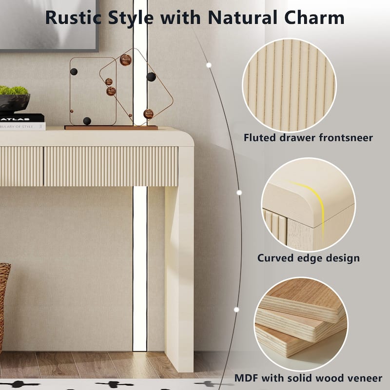 Rustic Console Table with 3 Fluted Drawers - Solid Wood Veneer Entryway Table Featuring Natural Wood Grain for Living Room
