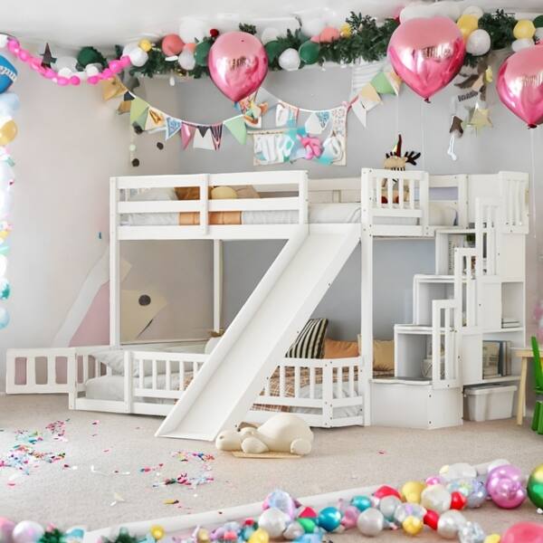 slide 2 of 10, White Twin over Twin Bunk Bed with Safety Guardrails, Kids Beds with Slide and Storage Staircase