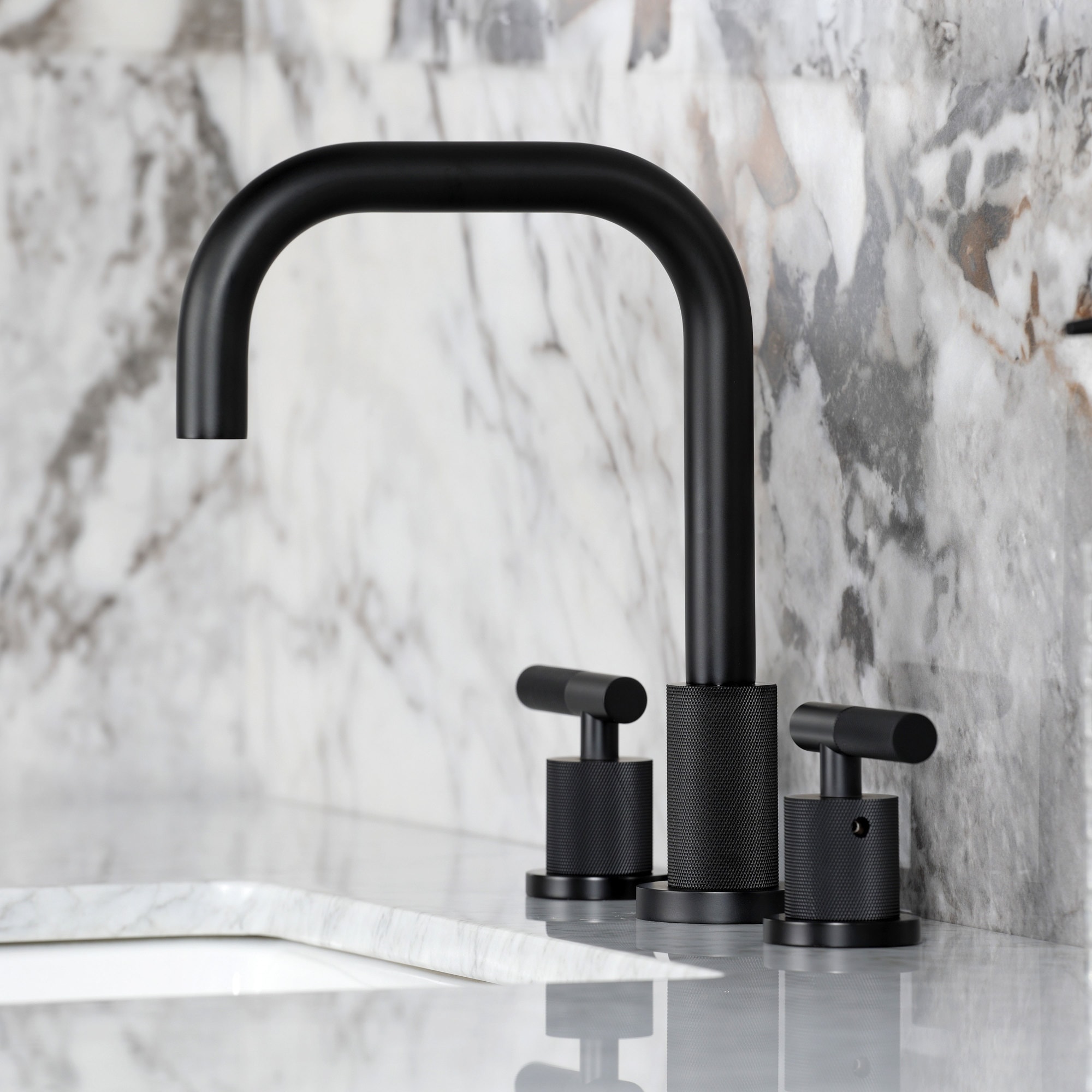 Kingston Brass Convergent Two-Handle 3-Hole Deck Mount Widespread Bathroom Faucet with Knurled Handle and Brass Pop-Up Drain