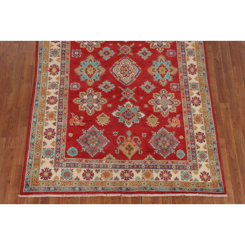 Red Geometric Kazak Area Rug Handmade Traditional Wool Carpet - 5'6" x 7'9"