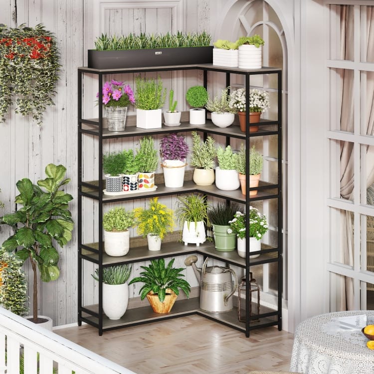 Metal and Wood L-Shaped Bookshelf 5-Tier Corner Shelf with Anti-Tip Kits - 43.5" L x 35" W x 71" H
