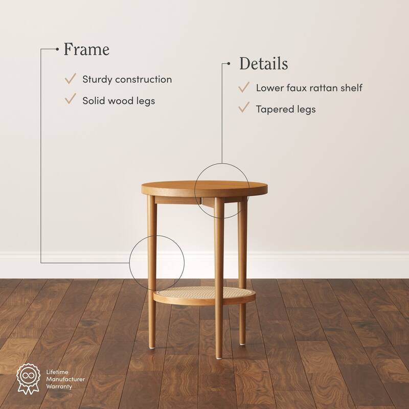 Nathan James Sonia Bohemian 2-Tier Round End Table in Light Wood With Rattan Storage Shelf