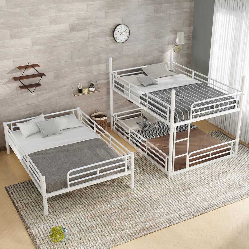 Full over Full over Full Bunk Bed, Metal Triple Bunk Bed with Safety Guardrails, Heavy-duty Bunk Bed with Noise-reduced Design