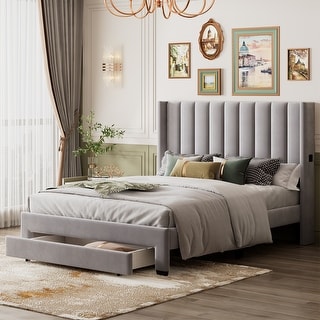 Queen Size Storage Bed Velvet Upholstered Platform Bed with a Big ...