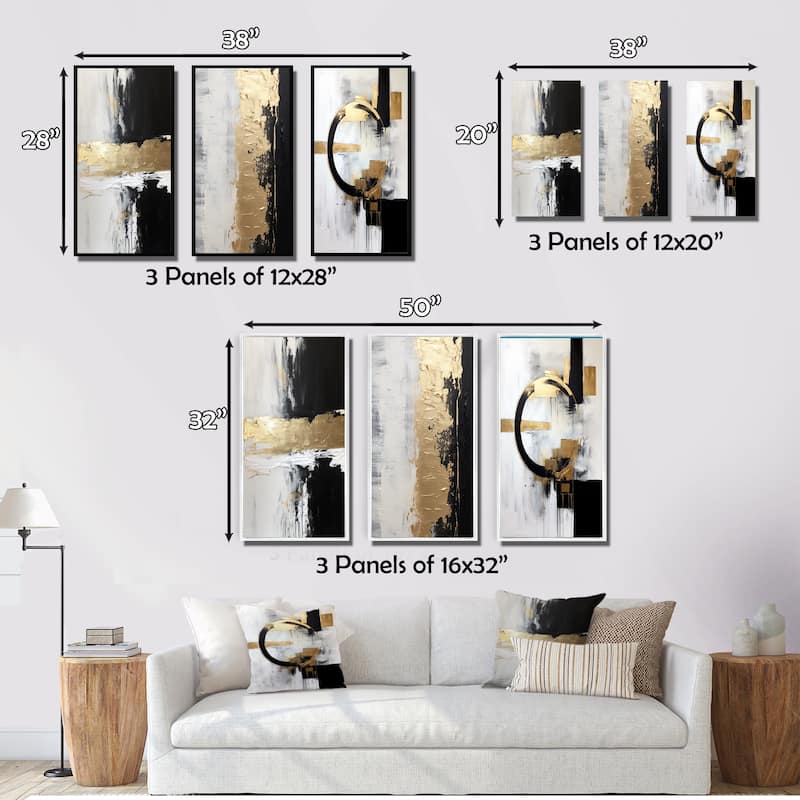Designart "Horizontal Dimensions Abstract Gold Black" Abstract Painting Frame Gallery Set Of 3 For Office Decor